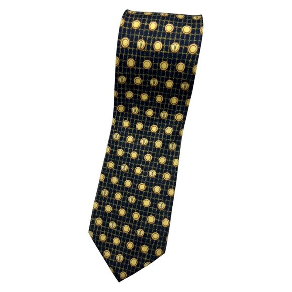 TRUSSARDI Men's Silk Necktie LUXURY Tie Navy Geometric Monogram Logo W:3.8" EUC - Picture 1 of 4